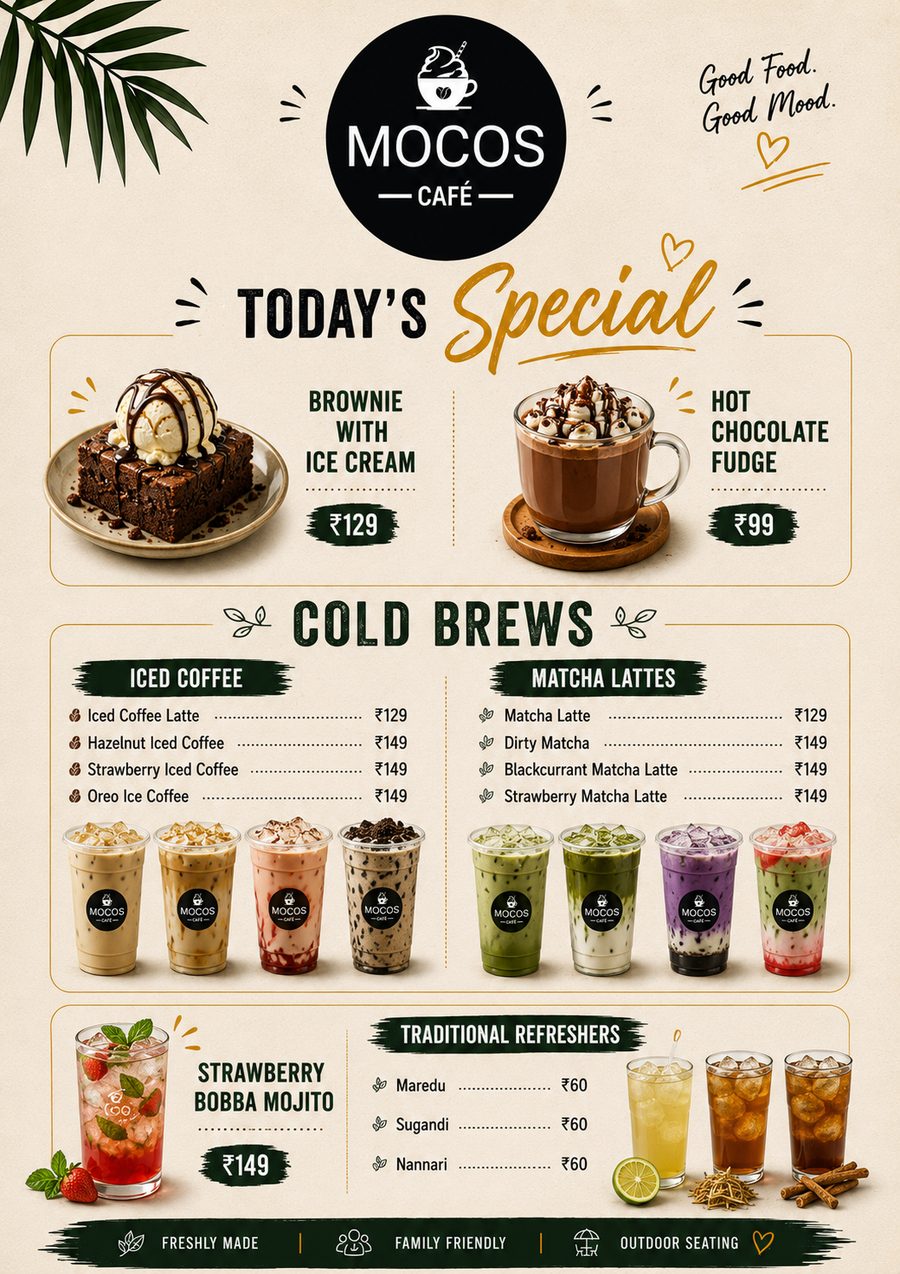 MOCOS Café cold drinks and specials menu